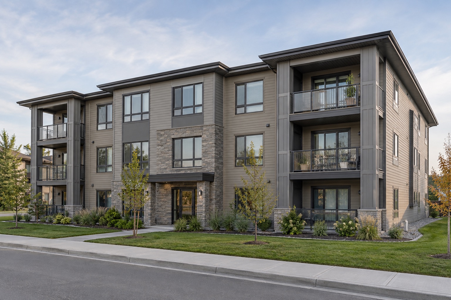 Three-storey apartment exterior with neutral cladding and clean roofline details