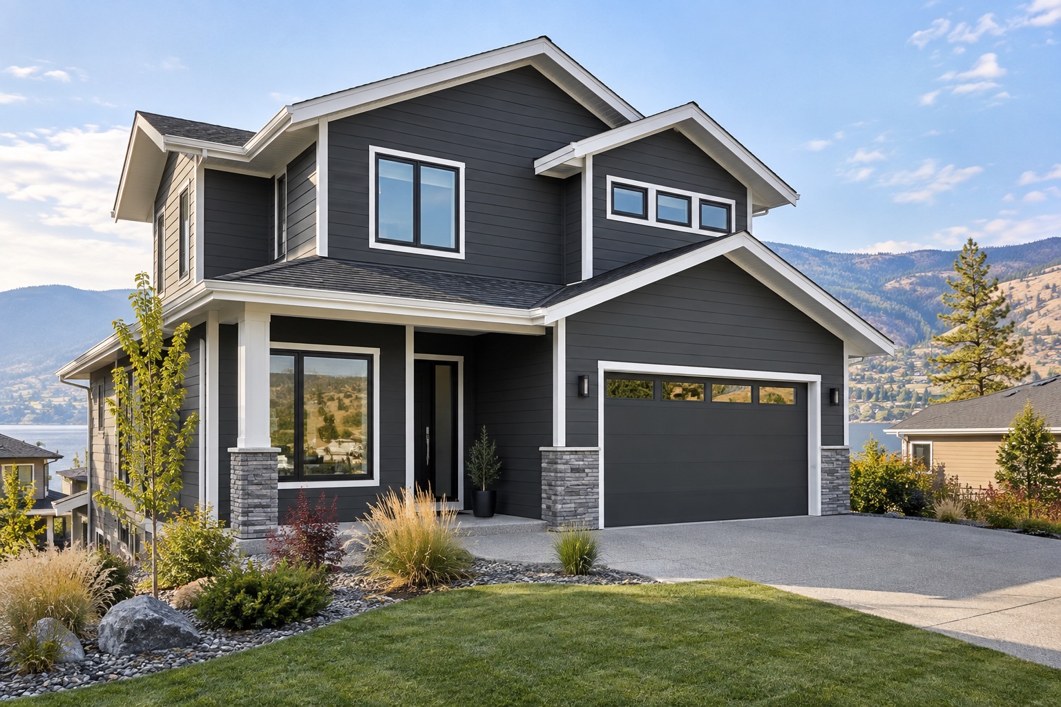 Modern single-family home with dark fibre cement siding and white soffit and fascia