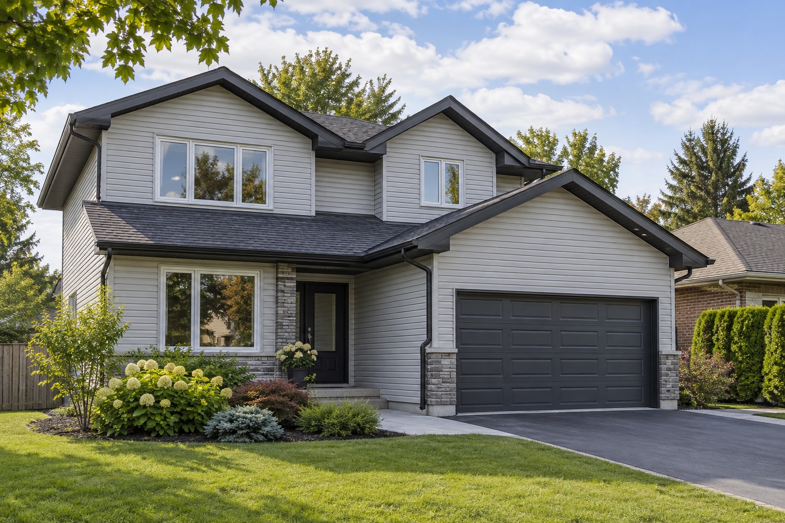 Renovated suburban home with light grey vinyl siding and dark fascia