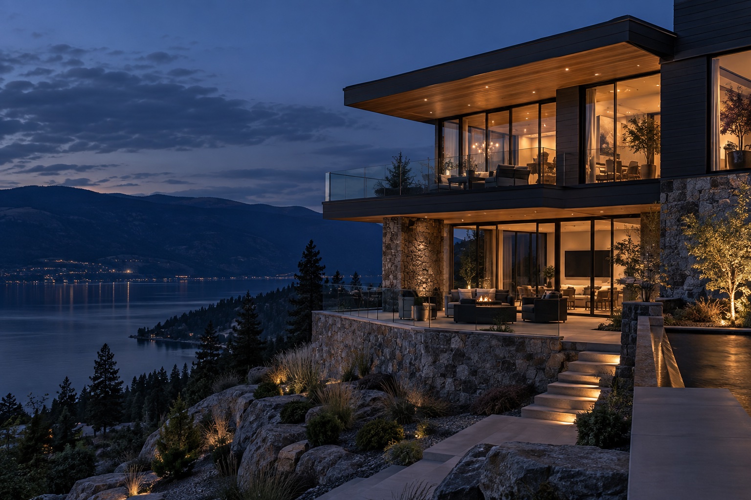Contemporary lake-view home with charcoal siding, natural stone and warm architectural lighting