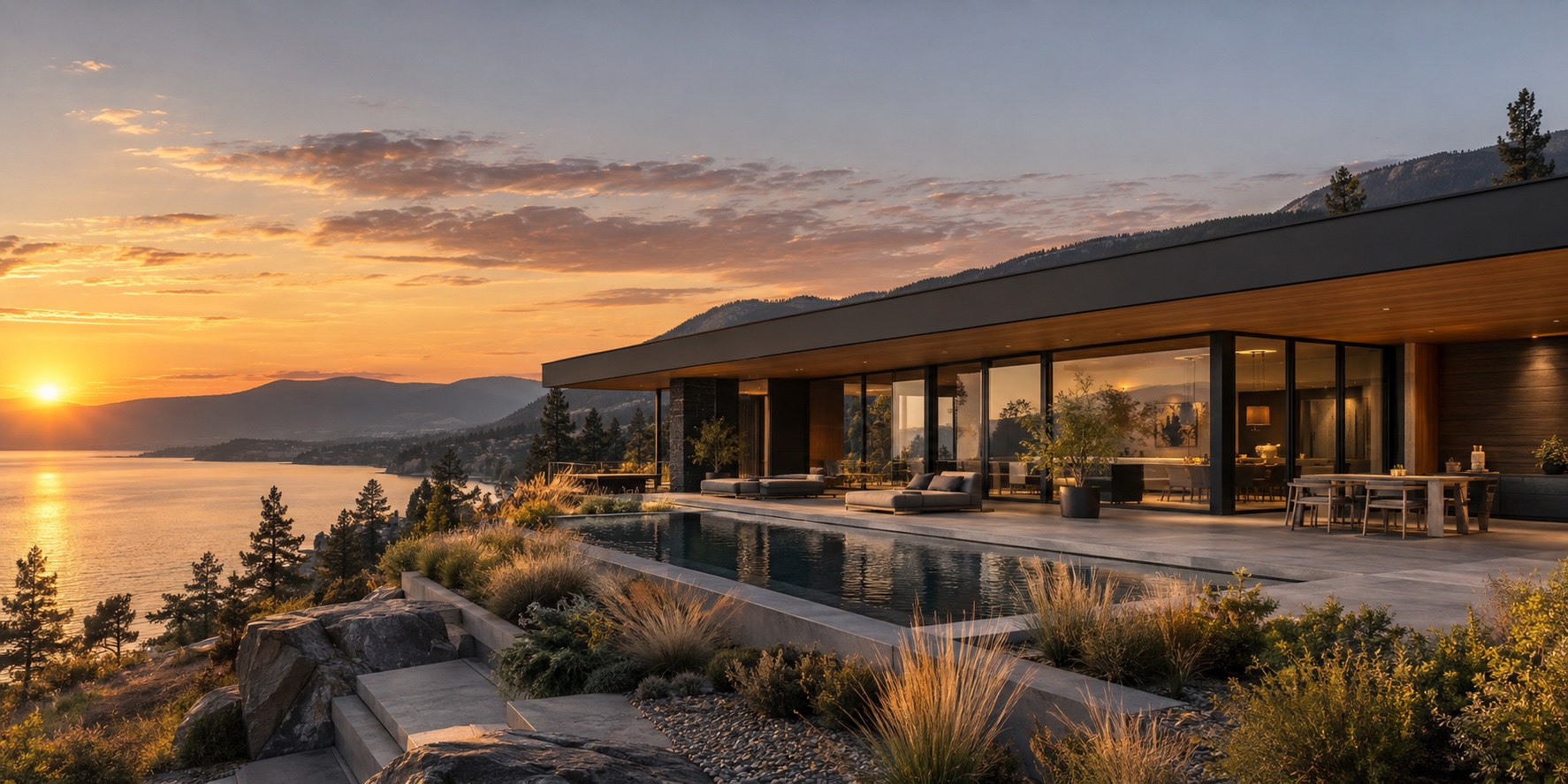 Low-profile lakeside home with expansive glazing and warm soffits